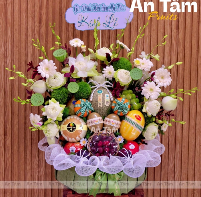 KHAY TRÁI CÂY PHỐI HOA SEN KÍNH LỄ SIÊU TO NẶNG