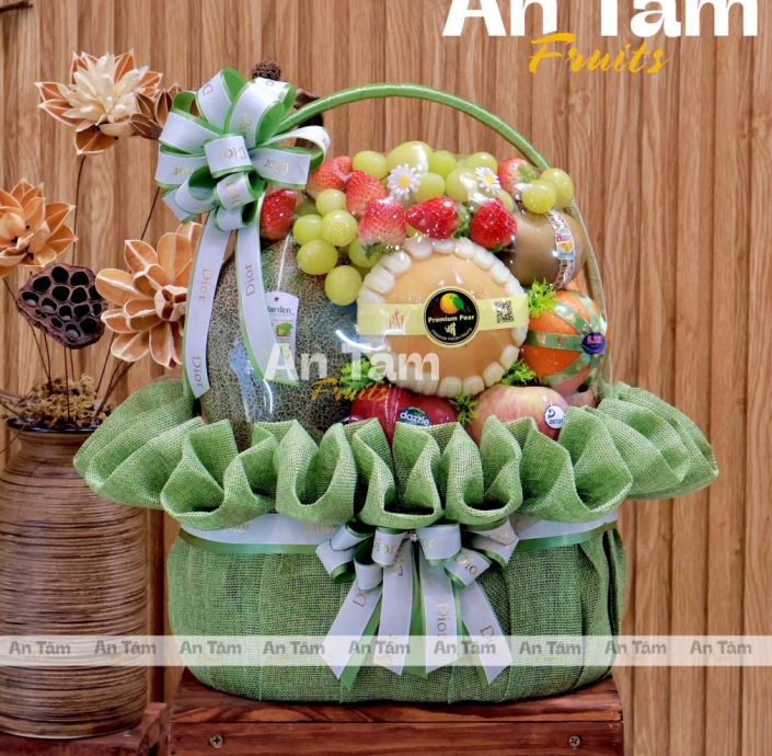 GIỎ TRÁI CÂY TRI ÂN THẦY CÔ  TONE XANH 