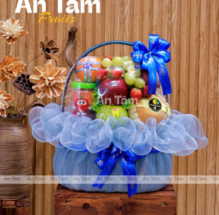 GIỎ TRÁI CÂY CHÚC MỪNG SINH NHẬT TONE XANH XÁM SIÊU SANG 