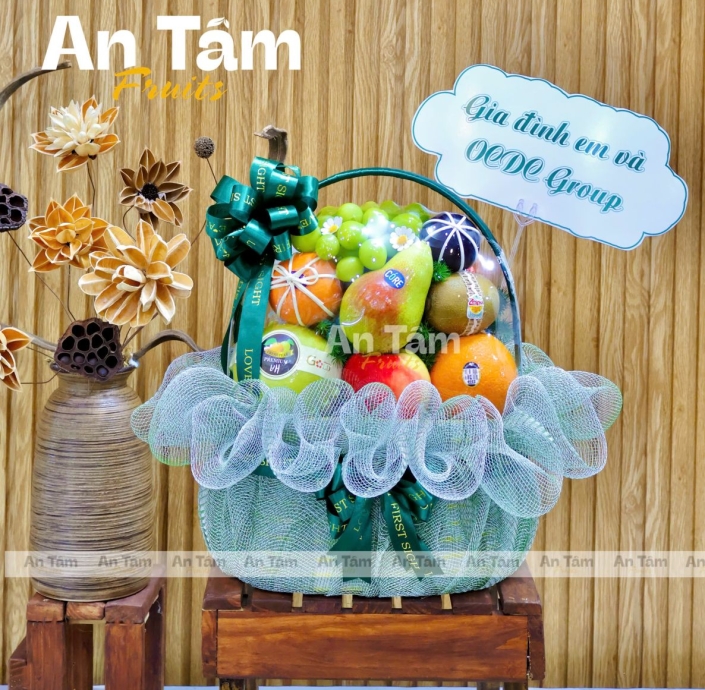 GIỎ TRÁI CÂY TONE XANH XÁM XINH IU LÀM QUÀ CẢM ƠN