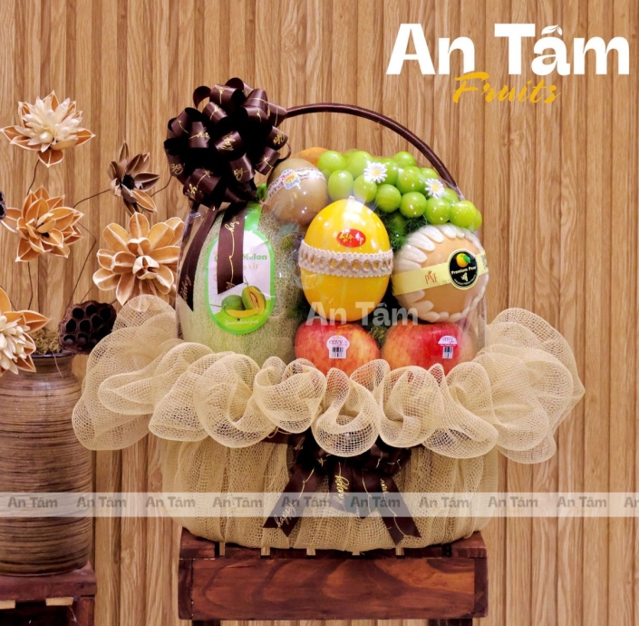 GIỎ TRÁI CÂY DÂNG HƯƠNG KÍNH LỄ TONE NÂU SANG TRỌNG 