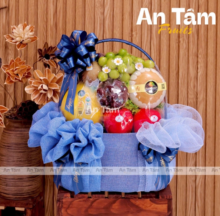 GIỎ TRÁI CÂY PHỐI LƯỚI HIỆN ĐẠI TONE XANH DƯƠNG 