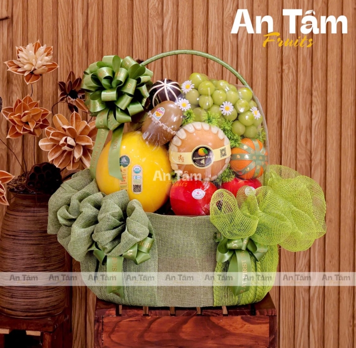 GIỎ TRÁI CÂY MIX TRÁI MIX LƯỚI FORM HIỆN ĐẠI XANH LÁ 