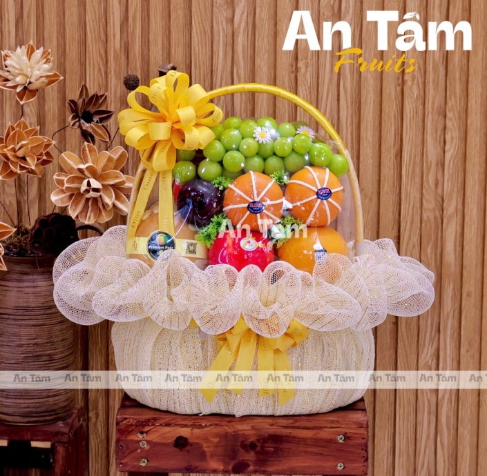 GIỎ TRÁI CÂY DÂNG HƯƠNG KÍNH LỄ TONE KEM SANG TRỌNG