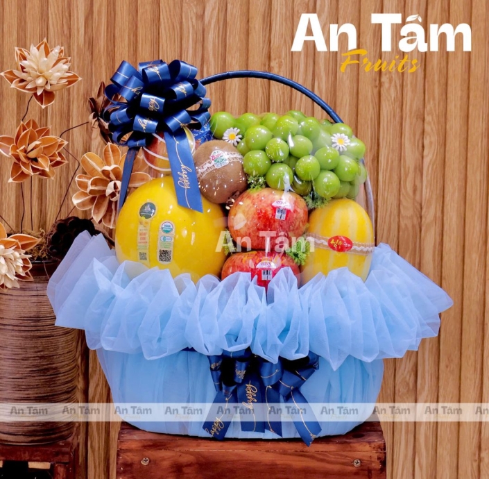 GIỎ TRÁI CÂY DÂNG HƯƠNG KÍNH GIỖ TONE XANH DƯƠNG SANG TRỌNG 