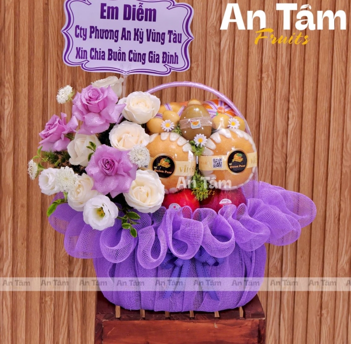 GIỎ PHỐI HOA TONE TÍM KÍNH VIẾNG 