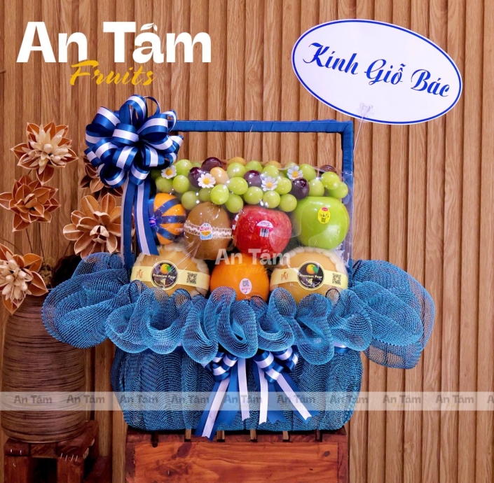 GIỎ TRÁI CÂY DÂNG HƯƠNG KÍNH LỄ TONE XANH FORM VUÔNG SANG TRỌNG 