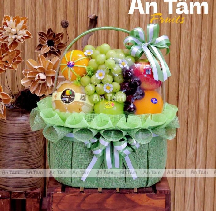 GIỎ TRÁI CÂY CẢM ƠN TONE XANH MIX 