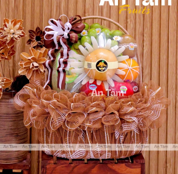 GIỎ TRÁI CÂY TONE NÂU KÍNH LỄ SANG TRỌNG