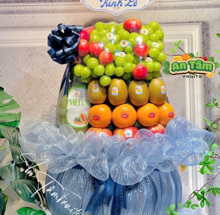 GIỎ TRÁI CÂY DÂNG HƯƠNG KÍNH LỄ TONE MÀU XANH XÁM 
