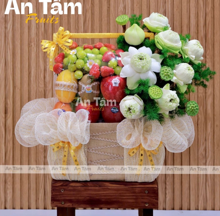 GIỎ TRÁI CÂY PHỐI HOA SEN CHẤT LƯỢNG TOME MÀU TRẦM 
