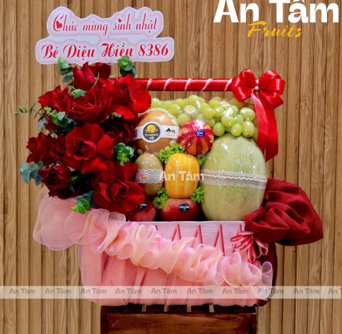 GIỎ HOA TRÁI CÂY TONE HỒNG HIỆN ĐẠI 